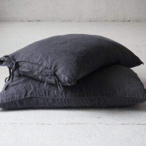 Linen Pillow Cases with ribbons - charcoal